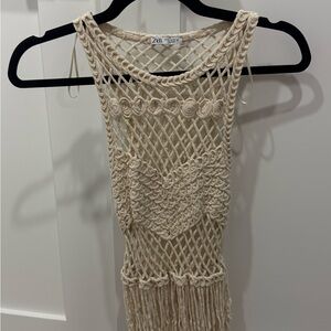 Zara Beige Crochet Fringe Top